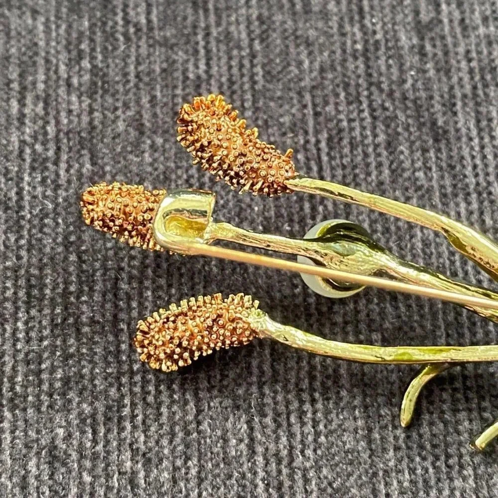 Cattail Enamel Brooch with Faux Pearl